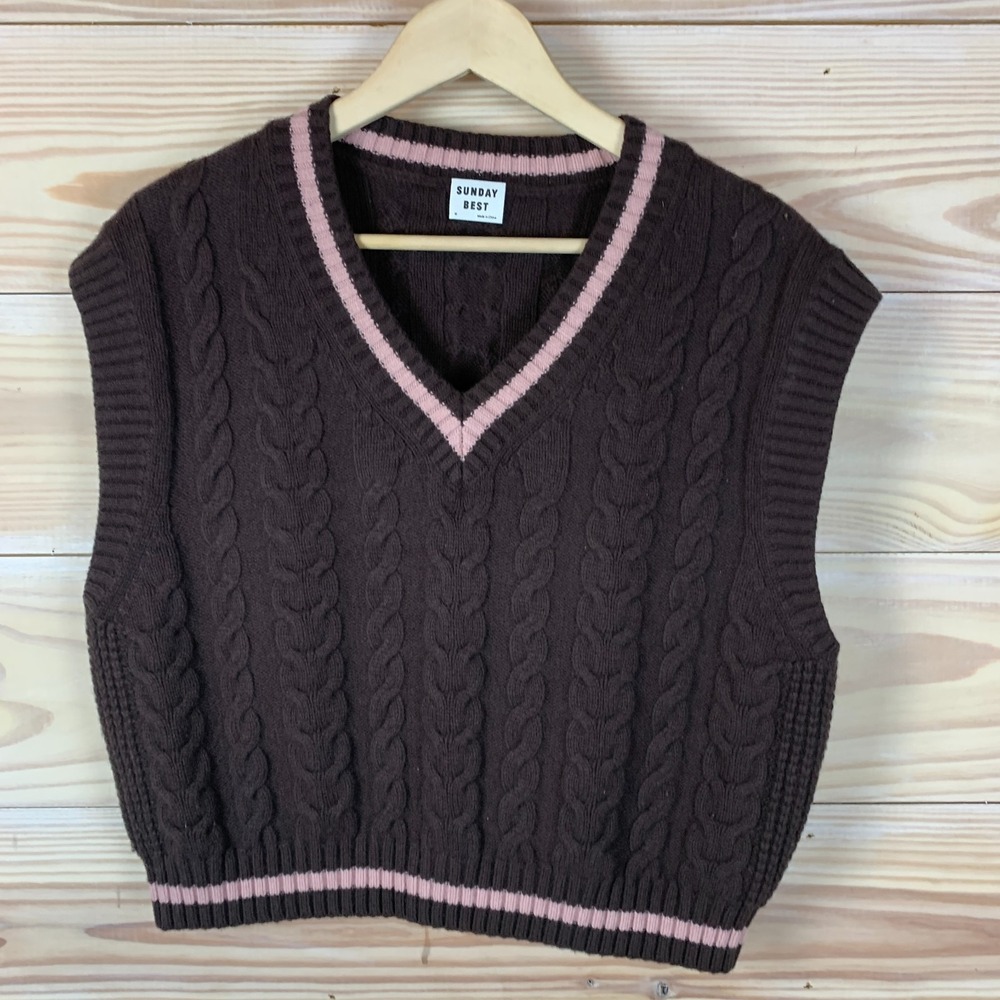 Sunday Best Sweater Vest Womens Medium Merino Wool‎ Cable Knit Brown Pink Preppy